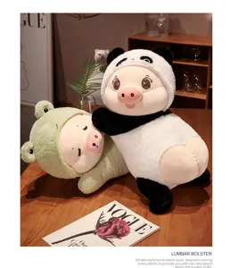 Lindo peluche de cerdo de dibujos animados vestido de panda y rana, cojin suave para ninos.