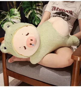 Lindo peluche de cerdo rana dormido almohada de animal de peluche suave para regalo de niñas