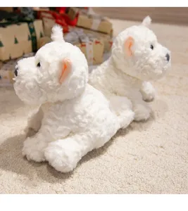 Cute white fluffy puppy plush toy, soft stuffed animal doll detail shot for kids room decor.