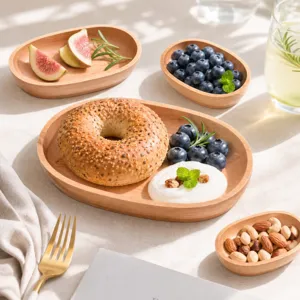 Ensemble de plat a fruit en bois d'hêvea, plateau de collation ovale et créatif.