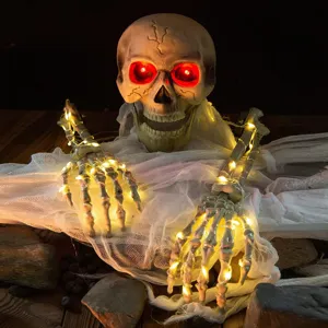 Halloween Glowing Simulation Skull Skeleton Hands Yard Stakes Garden Decor With LED Light Glowing Skull Party Decoration