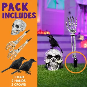 Detail of Halloween decor kit including 1 skull, 2 skeleton hand stakes and 2 crows.