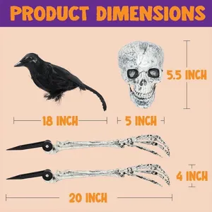 Product dimensions chart for Halloween skull, skeleton hands, and black crow garden stakes
