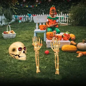 Halloween glowing skull and skeletal arm stakes three-piece set for garden decoration