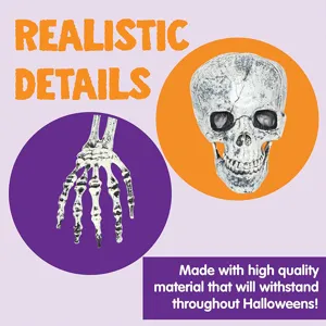 Detailed macro view showing realistic textures of Halloween skeleton skull and hand bones decor