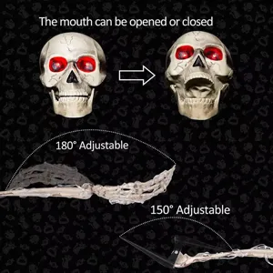 Detail view of adjustable glowing Halloween skeleton skull and hands with 180 degree joints