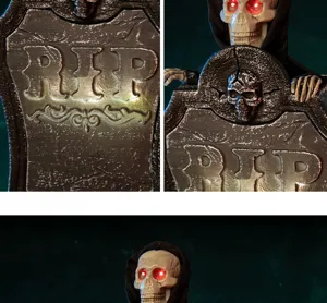 Detalle de lápida de Halloween con grabado RIP y ojos de esqueleto rojos con iluminación LED