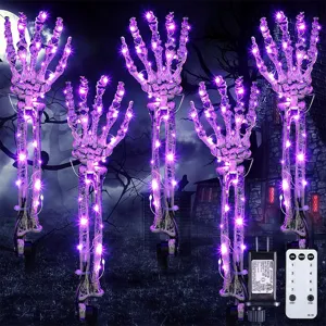 Vista dettagliata dei paletti a mano di scheletro LED viola con telecomando