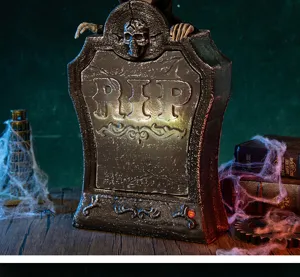 Lápida animada de Halloween con texto RIP brillante y decoración de calavera