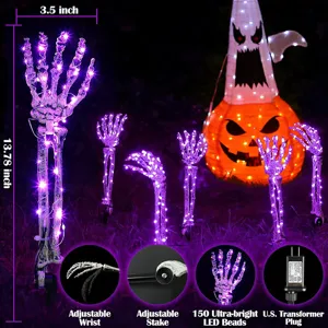 Dettaglio delle mani di scheletro viola luminose per Halloween incluse dimensioni