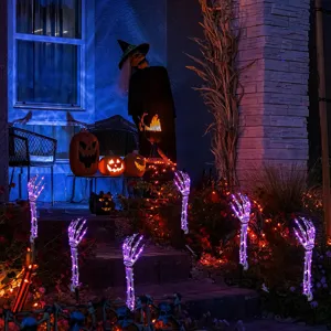 Picchetti da giardino di Halloween con mani di scheletro luminose viola per esterno