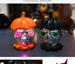 Two decorative Halloween LED skull lights with pumpkin hats for eerie party ambiance