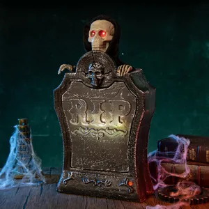 Accesorio De Lápida Animada De Halloween Con Ojos Rojos Brillantes Y Efectos De Sonido Espantosos Cráneo De Elevación RIP Lápida Para Decoración De Fiesta De Casa Embrujada