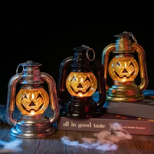 Lanterne Citrouille d'Halloween Rétro Lampe à Huile LED Portable Suspension pour Décoration de Fête d'Halloween