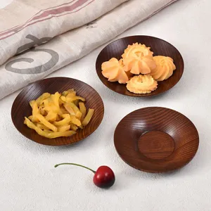 Round sour jujube wood snack dish household small wooden plate for sauce and side dishes.