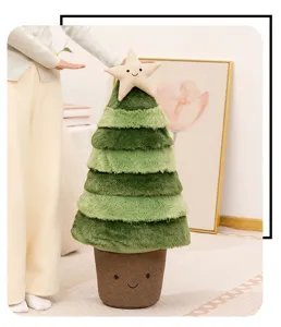 Cute plush Christmas tree toy with smiling star and pot, soft stuffed doll for holiday home decor.