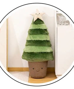 Cute plush Christmas tree toy with cute pot and star topper, soft fabric for home decor.