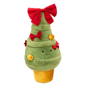 Cute christmas tree plush toy with red bow and smiling face soft stuffed doll festive gift