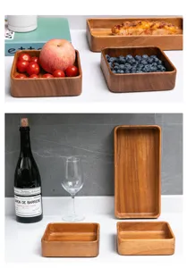 Plateau de service en bois d'acacia, plat de fruits de dessert carré et rectangulaire maison.