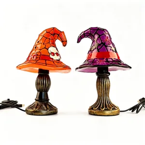 Set of creative Halloween witch hat table lamps with skull and spider web patterns
