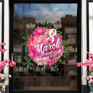 Festa Internazionale Della Donna Fiori Rosa Vetrofanie Happy 8 March Adesivi Statici Per Vetrine Negozi Decorazione Per Porte In Vetro
