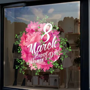 Adesivo decorativo per vetrina per la Giornata della Donna con fiori rosa e testo