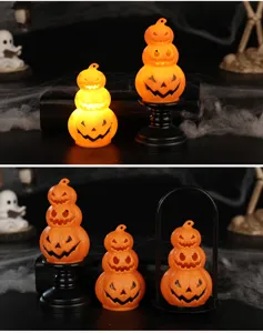 Three-tier stacked Halloween pumpkin lanterns showing lit and unlit decorative states
