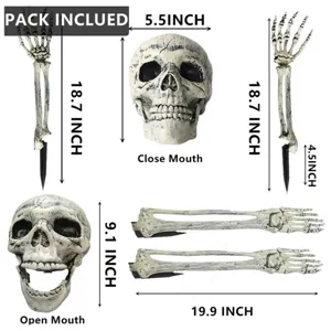 Detaillierte Maße der Halloween-Skelett-Requisiten mit Schädeln und Bodensteckern.