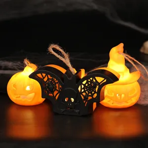 Decorative Halloween pumpkin LED lights with witch hat and bat skull candle set