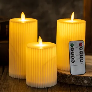 Flameless LED Electronic Candles Ribbed Texture Remote Control Battery Operated Warm Yellow Lights Lamp Christmas Party Home Decor
