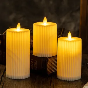 Warm glow flicker LED pillar candles with ribbed texture for Christmas home decor.