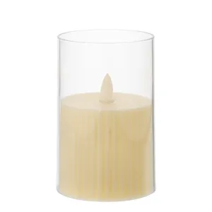 Realistic flameless LED electronic candle with ribbed cream wax in clear glass cylinder