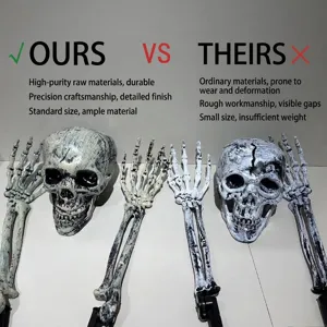 Detailed view of Halloween skeleton skull and hand bone garden stakes with realistic textures.