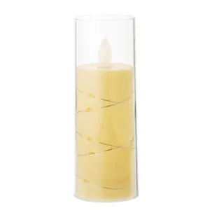 Flameless LED candle with fairy lights in a clear glass cylinder for dinner decor