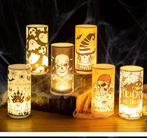 Halloween LED pillar candles with spooky ghost and pumpkin patterns for atmosphere decoration
