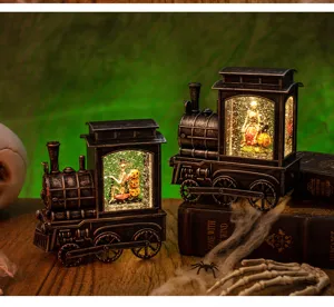 Vintage Halloween train water lantern with spooky skeleton and snow globe scene
