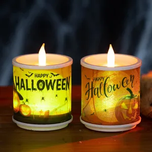 Halloween LED electronic candles with spooky pumpkin and bat patterns for holiday decor