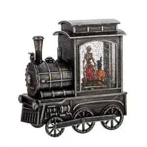 Halloween steam train snow globe with skeleton and pumpkin scene, antique silver finish