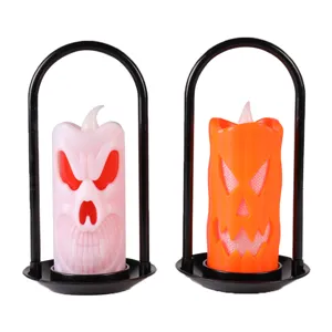 Decorative Halloween LED candle lanterns featuring white skull and orange pumpkin designs.