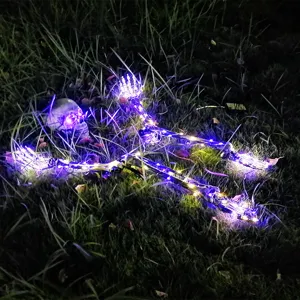 Halloween leuchtende Skelett-Erdspieße mit lila LED-Lichtern auf einem dunklen Rasen