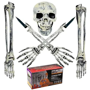 Detailed 5-piece realistic Halloween skeleton stakes set including skull, arms, and legs.