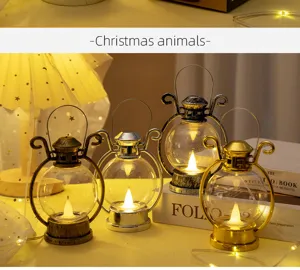 Primo piano dettagliato di lanterne LED vintage in varie finiture con una luce calda