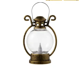Lanterna LED retrò in bronzo con globo trasparente e manico in filo metallico decorativo