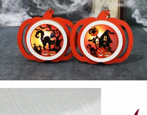 Halloween pumpkin LED wooden lanterns with spooky cat and haunted house silhouettes.