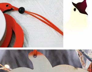 Close-up detail of a wooden Halloween pumpkin ornament featuring LED lights and hanging string