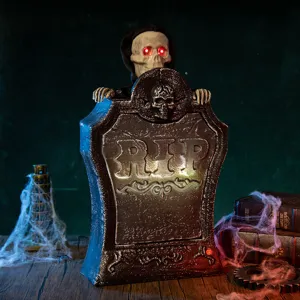 Lápida de Halloween animada con ojos rojos brillantes y esqueleto aterrador