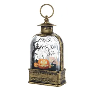Αντίκα διακοσμητικό φανάρι Halloween με σκηνή από κολοκύθα και νυχτερίδες φως