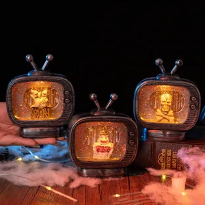 Halloween Retro TV LED Ornamento Luminoso Acqua Glitter Globo Spaventoso Fantasma Scheletro Zucca Decorazione Tavolo Atmosfera Festiva