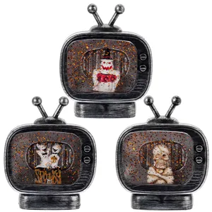 Decorazioni Halloween TV vintage con teschio e fantasma, globi glitter da tavolo