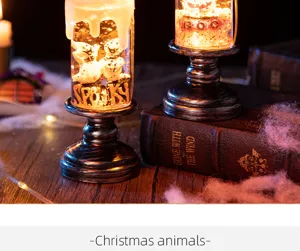 Macro detail of Halloween ghost candle lamps with Spooky and Boo text in warm light.